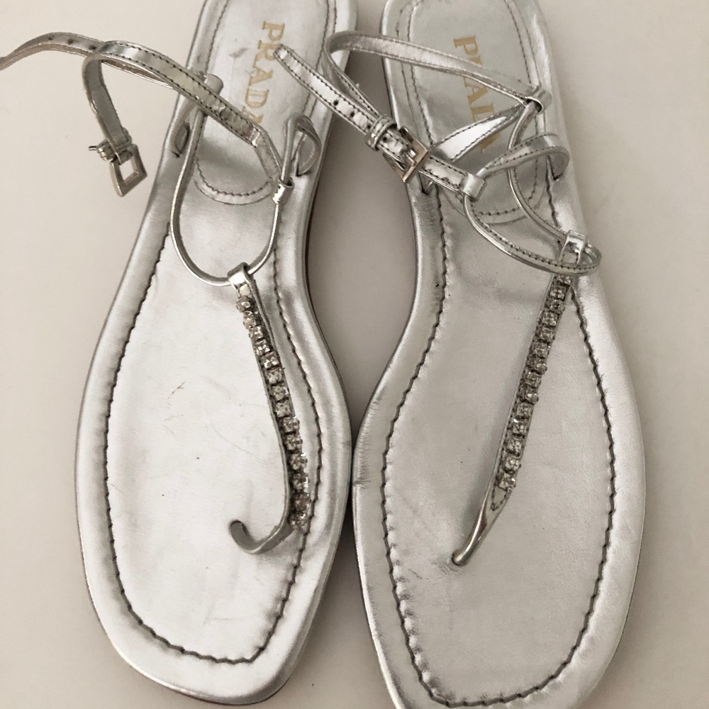 Prada Silver metallic and Rhinestone Flat Sandal